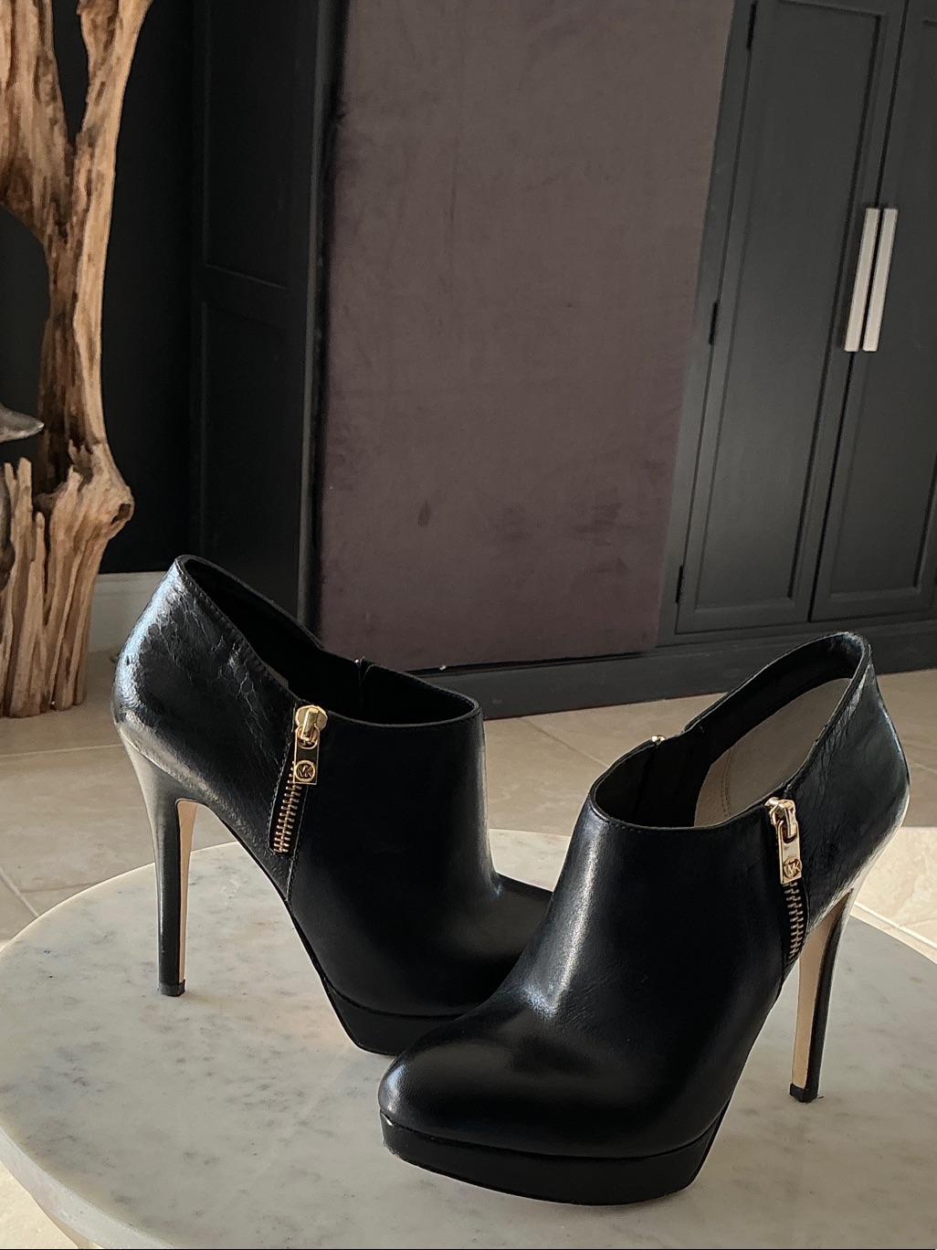 Michael Kors Black Leather High-Heel Ankle Booties With Gold Zipper Detail